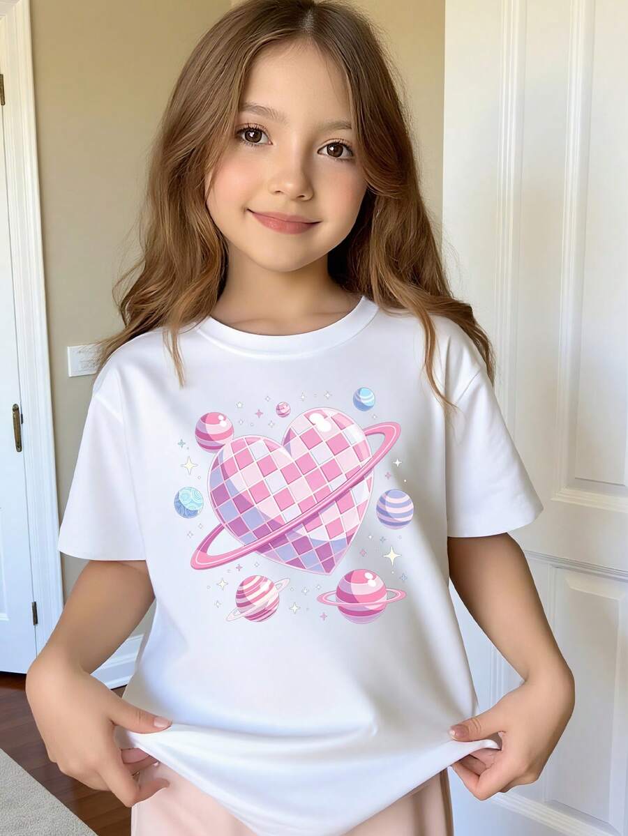 Tween Girl's/Boy's Pink Love Planet Cosmic Galaxy Theme 100% Cotton Graphic Tees, Back To School Clothes Girls, Black Round Neck Letter Print T-Shirts With Heart Planet And Space Elements, Machine Washable, Suitable For Outdoor Sports And Summer Tops, Gifts For First Day Of School, Regular Fit Fall Kids Girls T-Shirt, Teen Girls Clothing,Cute Kids Apparel,Funny,Soft Breathable Kids Clothes Girl's/Boy's.3T-13T - trắng - Xem 1