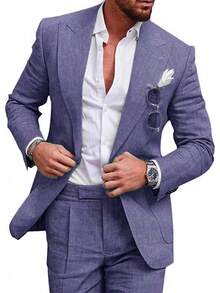 Costumes For Men New Men's Plus Size Two-Piece Suit Set Single-Button Linen Solid Color Suit - 淺藍 - 查看 8