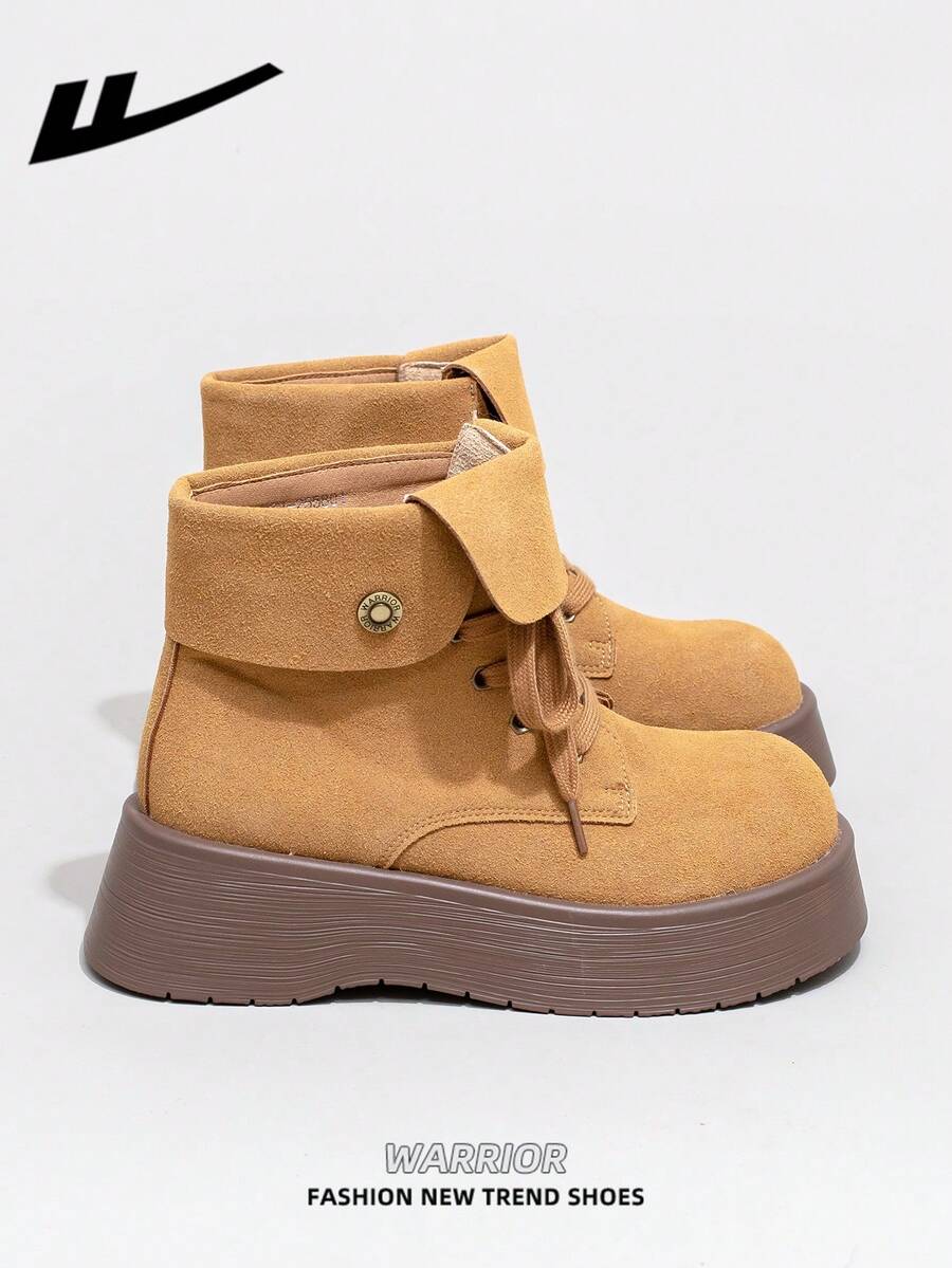 WARRIOR Women's 1 Pair Thick Sole Boots, 2025 Autumn New Arrival, Design, Thick Sole, Fashion Short Boots, Outdoor Wear, Retro British Style Khaki Short Boots