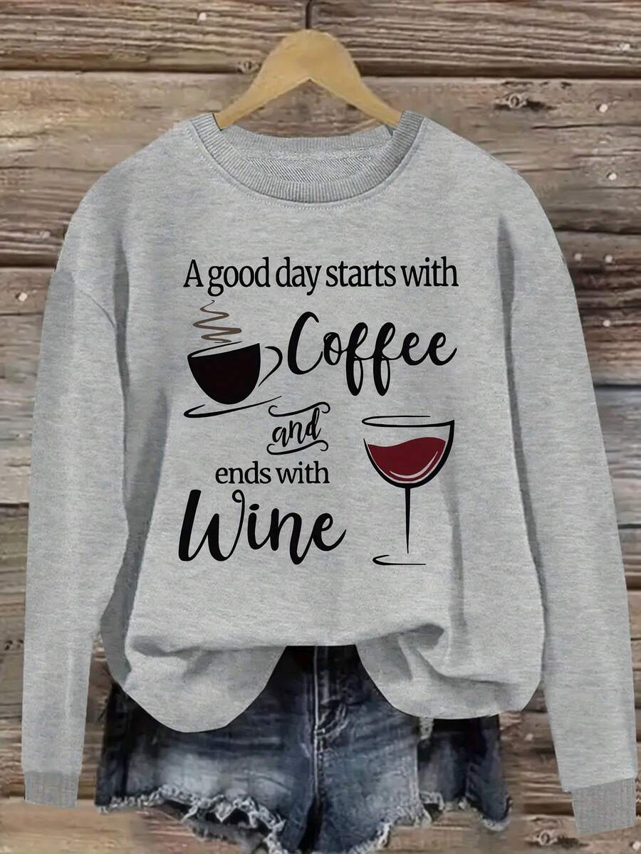 Women'S Casual Crew Neck Sweatshirt,Alphabet Pattern, Spring/Fall Season Coffee And Wine Quote Design - 淺灰色 - 查看 1