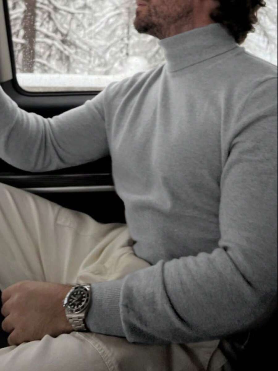 男士纯色长袖休闲百搭高领毛衣 - 灰色 - 查看 1