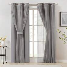 Beige 80% Blackout Curtains With Sheer Overlay, Double Layer Thermal Insulated Window Panels, 63 Inch, Living Room And Bedroom, Beige Drapes With Tiebacks, Grommet Top, 37 X 63 L X 2, Modern Home Decor - 灰色 - 查看 5