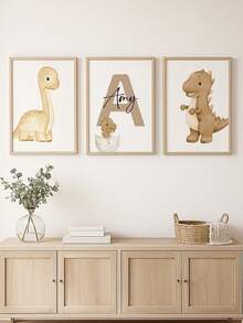 3pcs Customized Name Boho Dinosaur Theme Wall Art Set For Nursery, Personalized Name Print, Neutral Earth Tone Dinosaur Decor, Suitable For Nursery, Kids Room And Playroom, Cozy Minimalist Wall Decals, Perfect Gift For Birthday, Christmas, Thanksgiving Or Newborn - Multicolor - View 3