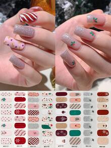 1 pezzo Adesivi per unghie a copertura totale con motivi natalizi di fiocchi di neve, alberi di Natale, cervi, colori sfumati e strisce glitterate, adatti per arte di unghie fai-da-te per donne