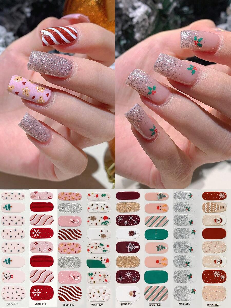1 pezzo Adesivi per unghie a copertura totale con motivi natalizi di fiocchi di neve, alberi di Natale, cervi, colori sfumati e strisce glitterate, adatti per arte di unghie fai-da-te per donne