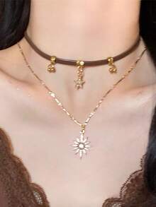 1 件棕色多层太阳吊坠项链，女士时尚珠宝 - 棕色 - 查看 2