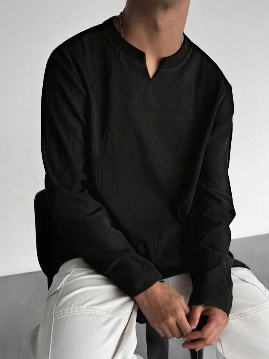 1pc Men's Black Textured Long Sleeve T-Shirt, Vertical Striped Fabric, Minimalist V-Neck, Loose Fit, Suitable For Daily Wear, Old Money Style