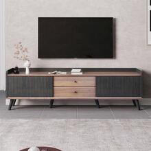TV-Schrank Lowboard mit 2 Schubladen & 2 Schiebetüren | in Schwarz & Naturholz | Fernsehtisch mit exquisiter Textur | 160x40x58 cm (BxTxH)
