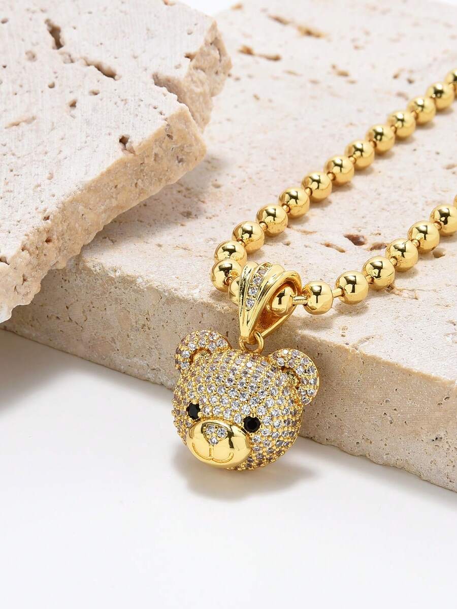 1入組銅微方晶鋯石熊吊墜項鍊