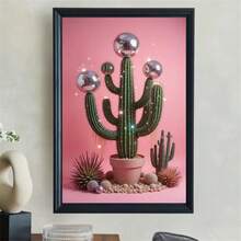 1 Pc Disco Cactus Wall Art, Sparkling Cactus Print, Unique Wall Decor, Pink Background Poster, Fun Plant Artwork, Eclectic Home Decor, Modern Minimalist Style Posters, Living Room And Room Decoration, Bathroom Decoration, Ideal Gift, No Frame - Multicolor - View 4