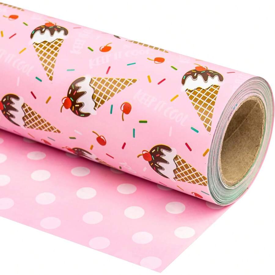 Reversible Wrapping Paper - Mini Roll - 43.2cm X 10m - Ice-Cream Design For Birthday, Party, Baby Shower - Moon Rabbit - View 1