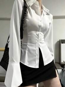 Women Elegant Solid Color Shirt With Unique Tie-Back And Front Button Details - Long Sleeve, Suitable For All Seasons - White - View 3