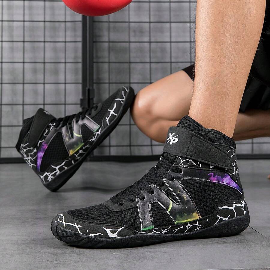 1 par de tênis masculinos de cano alto para luta livre profissional, coloridos, leves, modernos, confortáveis, duráveis e com suporte - você merece - Preto e cinza - Ver 1