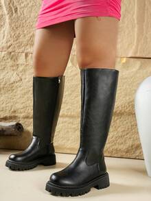 女士 2025 年秋冬纯色侧拉链厚底粗跟休闲高筒靴，适合日常休闲穿着