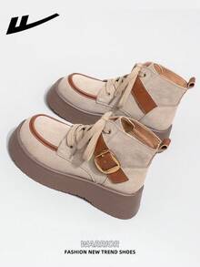 WARRIOR Women's 1 Pair Thick Sole Boots, 2025 Autumn New Arrival, Design, Thick Sole, Fashion Short Boots, Outdoor Wear, Retro British Style Khaki Short Boots