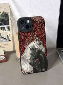 Summer Flower 1Pc Nordic Retro Carpet Queen & Horse Pattern Black Cat Eye Full Coverage Phone Case Compatible With IPhone 11/12/13/14/15/16 Pro Max Waterproof Shockproof Anti-Fall Scratch Resistant,Valentine'S Day Gifts,Valentines Phone Case - 款式1(1件) - 查看 2
