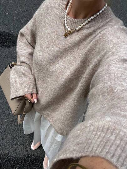 Plus Size Long Sleeve Round Neck Beige Dropped Shoulder Sweater,Solid Color Rib-Knit Pullover,Loose Cropped Casual Knitted Tops Jumper Elegant Chic Fall Clothes For Women,Autumn/Winter Halloween Christmas Suitable For Various Occasions Out Commuting Or Partying Outfits