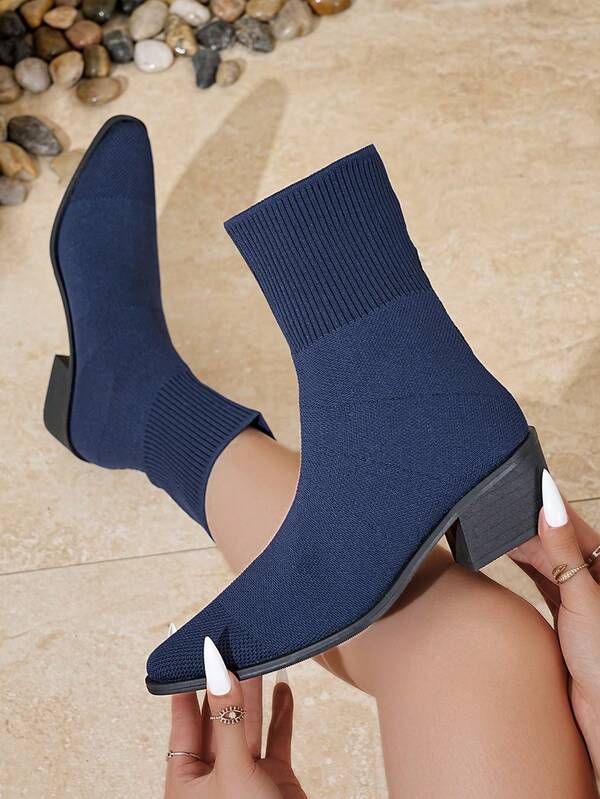 Nowe modne damskie botki do kostki, jednokolorowe, wciągane, z noskiem w szpic, na wysokim obcasie, z dzianiny z elastyczną podeszwą, codzienne buty do pracy na świeżym powietrzu