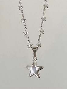 1入組銀金屬手工鏈條帶太陽和月亮吊墜多層項鍊