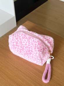 AGG Pink Leopard Print Plush Makeup Bag With Wrist Strap, Large Capacity Zippered Storage Pouch, Women's Portable Travel Toiletry Bag - Multicolor - View 2