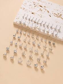 60pcs Fashion Metal Butterfly, Heart, Rhinestone, Moon, Bow Knot, Flower Stud Earrings Set, Jewelry Gift, Everyday Wear For Women - Silver - View 3