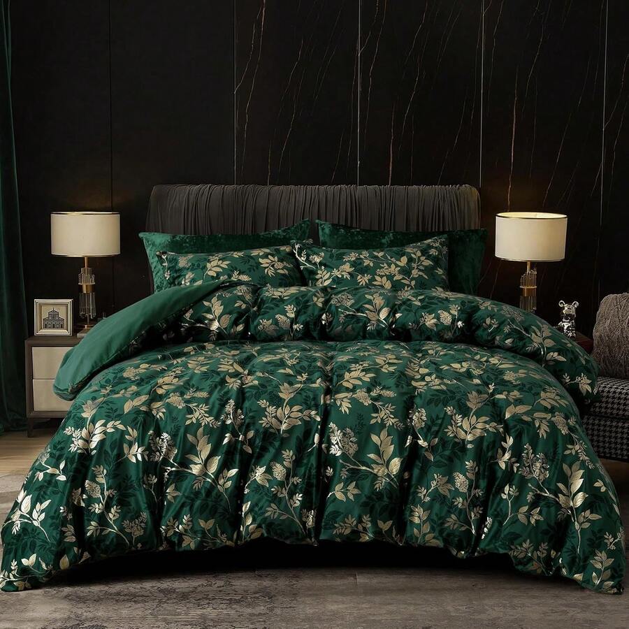 Queen Size 3pcs Ultra Soft Breathable Comforter Cover Set, Luxury Cozy Flannel Duvet Cover With Pillow Shams, 90" X 90", Dark Grey, And Bedding Collection - 綠色和金色(無被子) - 查看 1