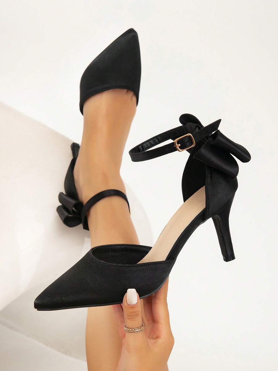 Women's New Black High Heel Shoes, Quality Satin Material, Cute Bow Decor, Minimalist & Versatile, Suitable For Commuting, Office, Workplace, Sexy Party, Closed Toe, Pointed Toe, Stiletto Heel, Suitable For All Seasons - Black - View 1
