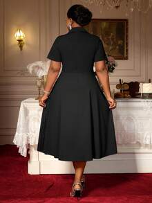 Black Turn Down Collar A Line Dresses Lace Patchwork Short Sleeves Work Business Party Fashion Curve Women - màu đen - Xem 7