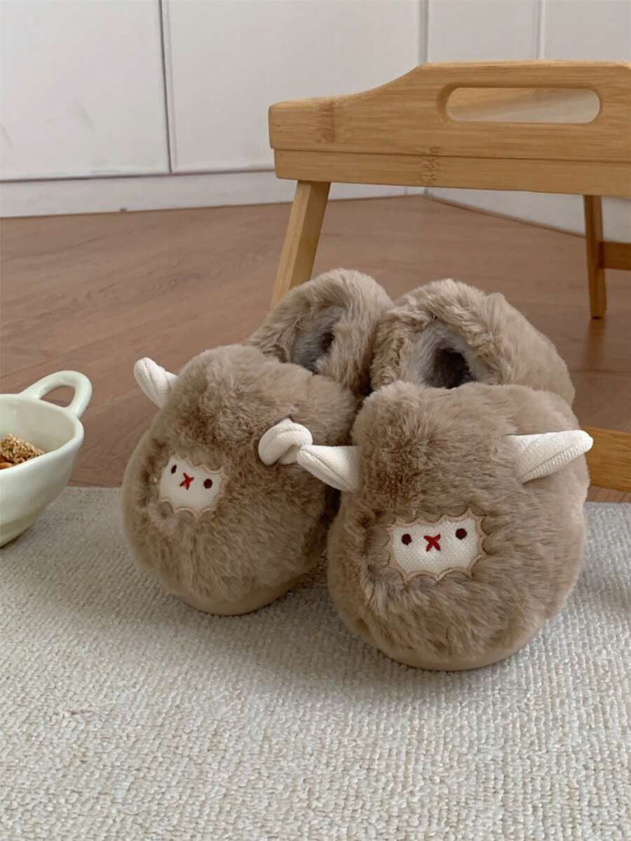 XIXITIAO 1 Pair Soft Plush Sheep Design Slippers, Warm Thick Slip-On Flat Indoor Shoes For Couples, Suitable For Home, Party Wear, Winter