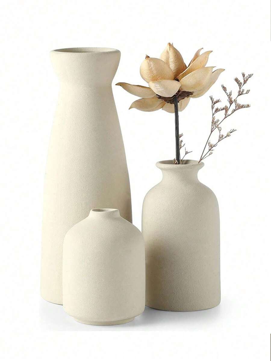 1pc/3pcs Simple Flower Vase Decor, Modern Boho Country Home Decor, Feather Grass Adorned Vases, Creative Bookshelf, Desktop, Shelf Decor, Table Centerpiece, Living Room Office Bookshelf, Entrance Bedroom Decoration - Beige - View 1