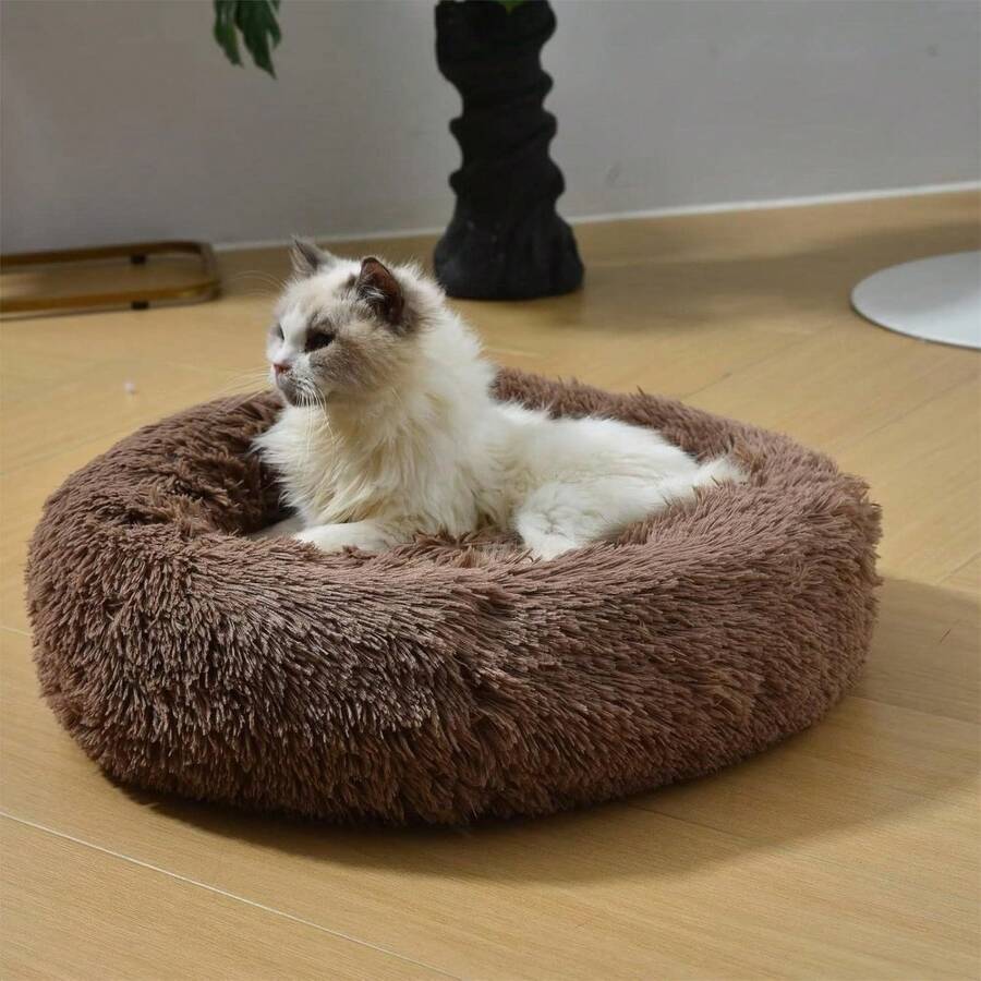 20''x20'' Washable Donut Soft Plush Pet Bed With Waterproof Bottom, Fluffy Calming Self-Warming For Indoor Cats, Sleep Improvement, White - Cà phê - Xem 1