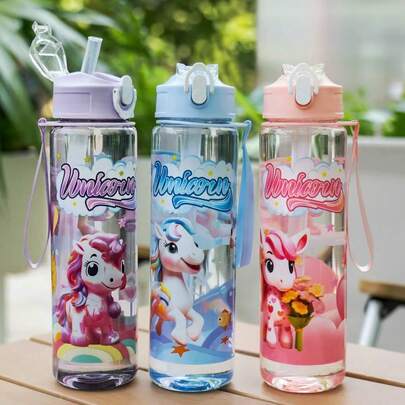 1pc 750ml/25oz Cartoon Pony Themed Plastic Water Bottle, Leak-Proof, Portable, With Straw, Hand Wash Only, Suitable For Outdoor Activities, Sports, Camping - Great For Holidays And Birthday Gifts