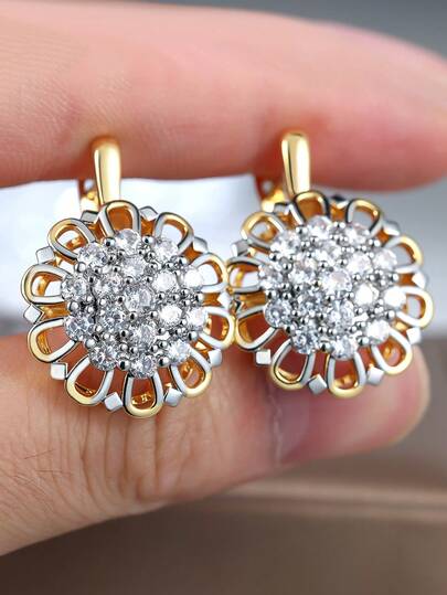 زوج من أقراط نسائية أنيقة مزينة بتصميم زهرة من الزركونيا اللامعة، هدية عيد