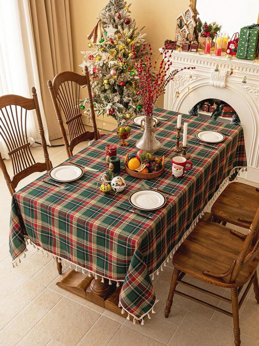 1pc Christmas Green Tablecloth, Tassel Fringe, Retro Green Plaid, Brushed Woven Fabric, Rectangular, Washable, Suitable For Coffee Table, Bedside Cabinet, Autumn/Winter Dining Table Decor, Suitable For Home, Kitchen, Party, Holiday, Christmas, New Year Decoration