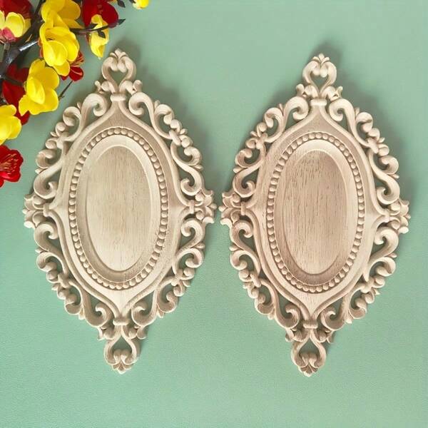 2pcs Unfinished Vintage Wooden Carved Decorative Appliques, European Style Wooden Crafts, 9.84x5.9inch, Suitable For Decorating Pediments, Cabinets, Doors, Furniture, Accent Walls, Christmas, Halloween, Thanksgiving, Valentine's Day, DIY Decor