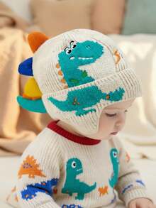 可爱恐龙儿童针织帽，恐龙外观设计，带有可爱恐龙元素的帽子，适合男孩和女孩，可爱的熊耳朵在万圣节和圣诞节非常受欢迎，百搭休闲风格，婴儿针织帽，婴儿用品，圣诞节儿童，婴儿帽，女童帽，儿童用品，新款时尚帽子，冬帽，冬帽，儿童帽，女婴帽，男婴帽 - 針織帽-恐龍 - 查看 5
