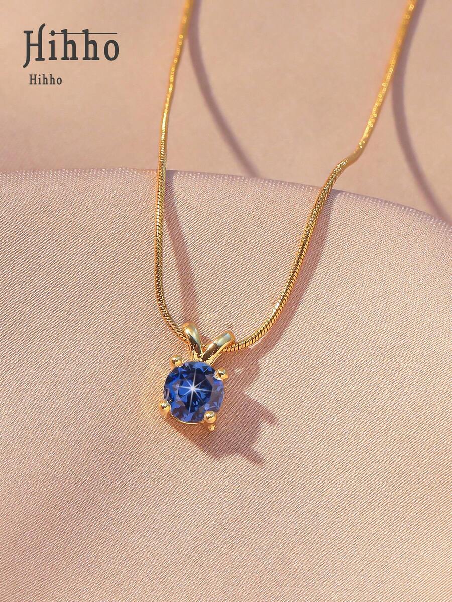 Hihho 1 件简约风格海军蓝单锆石吊坠项链，不锈钢蛇链金色精致项链，适合女士 - 寶藍色 - 查看 1