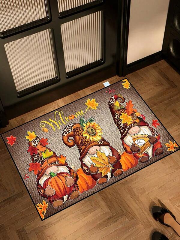 1pc Autumn Dwarves, Maple Leaves, Pumpkin "Welcome" Pattern Door Mat, Seasonal Country Style Indoor Outdoor Non- Rug, Machine Washable Polyester Fiber Doormat, Suitable For Kitchen, Dining Room, Hallway, Bathroom, Bedroom, Outdoor, Entryway, Home Decor, Room Decor, All SeasonsChristmas Decor Kitchen Rug