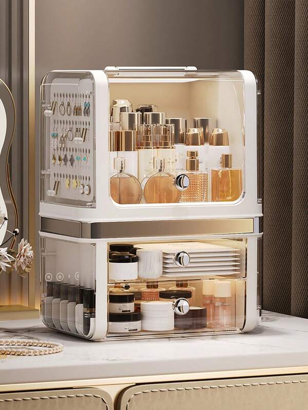 Caixas de armazenamento de cosméticos, organizadores de cuidados com a pele e prateleiras de gavetas para penteadeiras de mesa de alta qualidade. Armários de exposição de cosméticos de baixo custo, minimalistas, multicamadas e à prova de poeira para uso doméstico, com grande capacidade.
