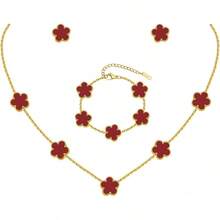 Gold Bracelets Earring Set - 18K Gold Plated Flower Bracelet Chain,Stainless Steel Non Tarnish Floral Pendant Stud Jewelry Sets,Birthday Lucky Mom Wife Daughter Girlfriend - 紅色 - 查看 12