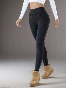 女士高腰保暖打底裤 - 弹力加厚，保暖舒适，适合冬季穿着，配有弹性腰带和口袋，休闲舒适 | 时尚冬季裤装 | 保暖打底裤 - 黑與白 - 查看 3