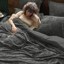 Queen Size 3pcs Ultra Soft Breathable Comforter Cover Set, Luxury Cozy Flannel Duvet Cover With Pillow Shams, 90" X 90", Dark Grey,  And  Bedding Collection - 深灰色(無被子) - 查看 2