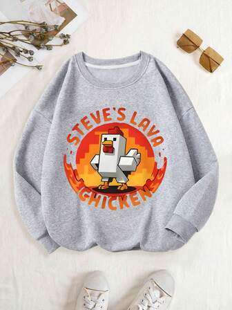 Tween Boy Long Sleeved Round Neck Sweatshirt With "Volcanic Chicken" Print Pattern, Providing A Comfortable, Fashionable, And Casual Autumn And Winter, For School, Shopping, Streetwear And Vacation Wear