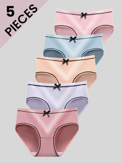 5条/包 甜美少女休闲时尚蝴蝶结松紧腰基本款三角内裤，柔软舒适透气，适合日常穿着运动内衣