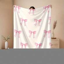 1pc Cozy Bowknot Print Flannel Blanket - Soft, Vintage-Inspired Design With Pink Bows On White, All-Season Comfort For Home, Office, Camping & Travel, Machine Washable, Perfect For Halloween & Christmas Decor, Travel Accessory |   Playful Pattern |   Soft Texture, Blanket For Bed - 多色18 - 查看 4