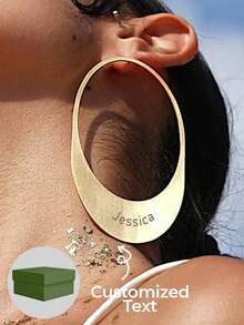 1pc Personalized Customized Name, Laka Luka Design "Oval" Earrings, Hand Stamped Large Oval Hoops, Personalized Earrings, Custom Gold Oval Earring. Statement Earrings. Fashion Accessories Paired With Clothing, Fashionable Stainless Steel Earrings. - Gold - View 2