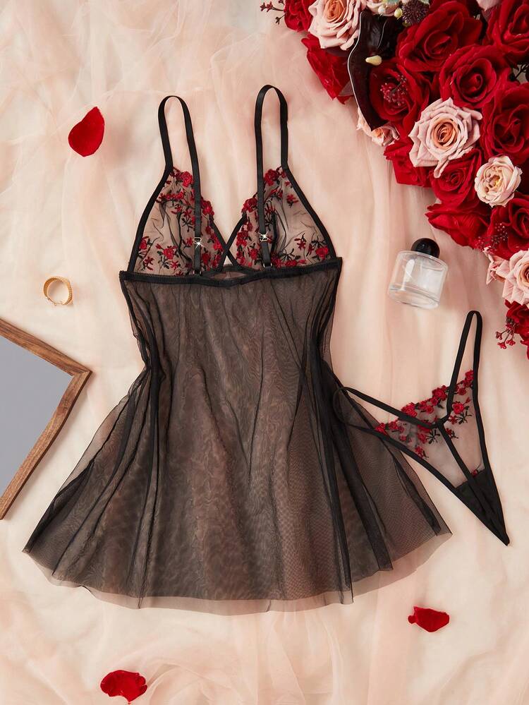 2 piezas Conjunto de camisón y bata sexy para mujer, diseño floral de malla transparente, con tirantes ajustables, conjunto de lencería - Negro - Añade 2