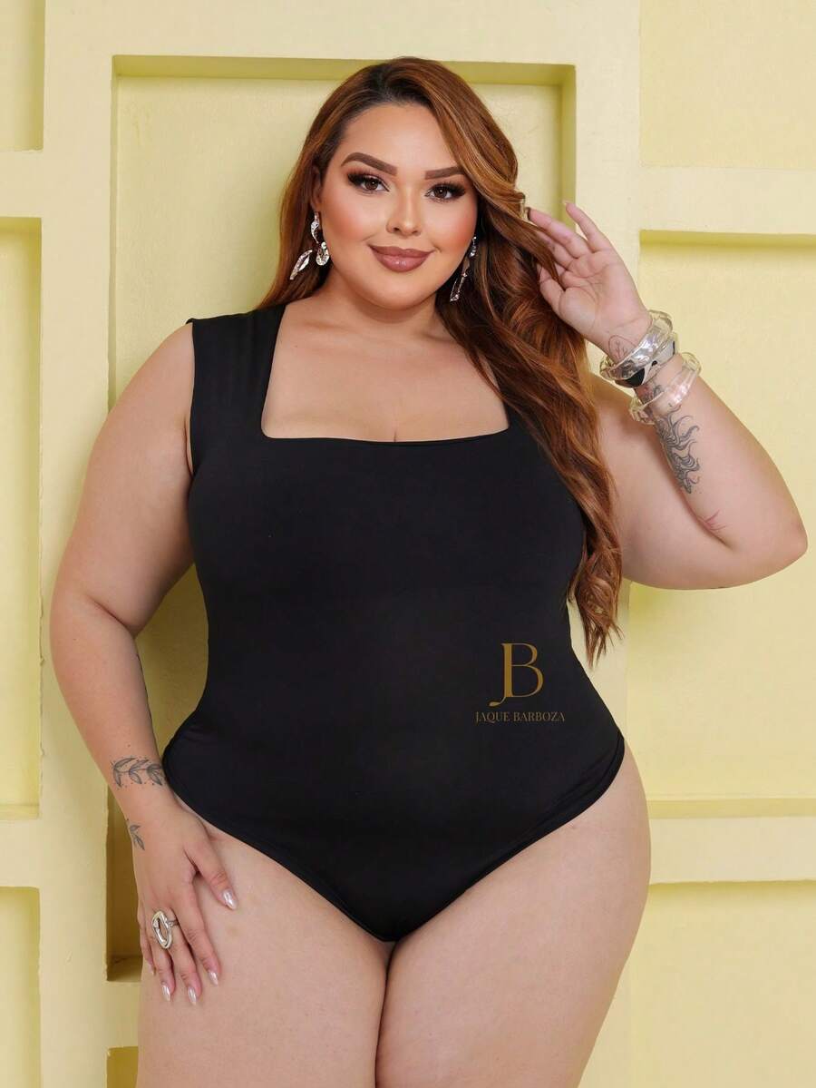Women's Plus Size Summer Short Sleeve Tank Top Bodysuit Square Neckline With Zipper - 黑色 - 查看 1