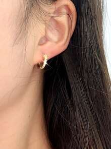 1pair Fashionable Copper & Rhinestone Inlaid Starfish & Small Flower Ear Studs/Hoop Earrings, Perfect For Dating Gifts Valentines - Round - View 2