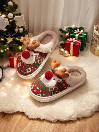 Women's Cute Gift Christmas Reindeer Warm Thick Bottom Slippers, Fluffy Indoor Outdoor Autumn/Winter House Slippers, Random Print